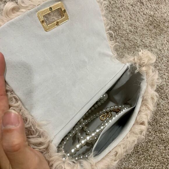 Beige Genuine Curly Shearling Top Handle & Fold Over Flap Purse, Crossbody - Picture 12 of 13